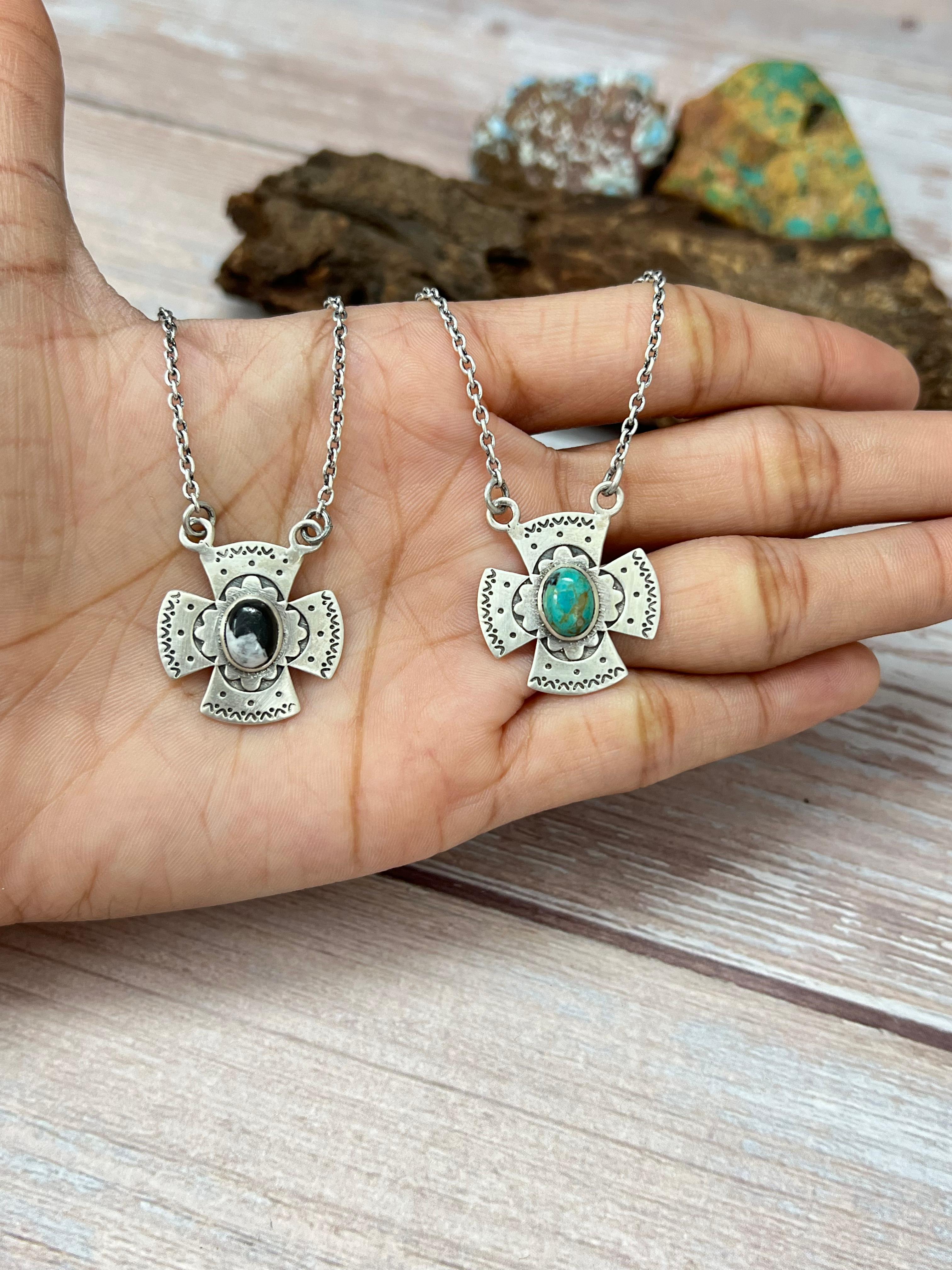 Handmade Sterling Silver Kingman Turquoise, White Buffalo Necklace with Signed Nizhoni